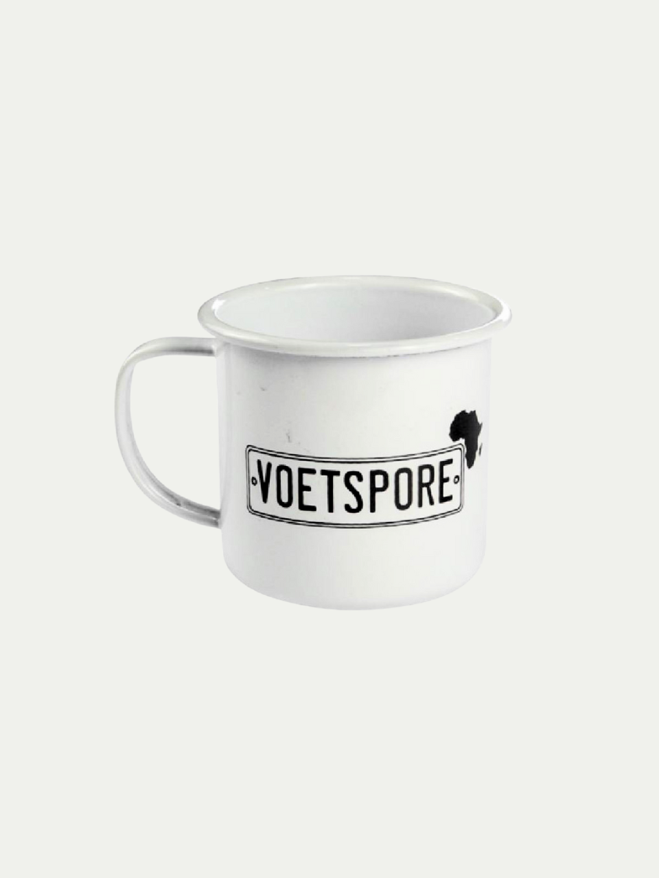 VS Enamel Mug white camping mug with Voetspore logo