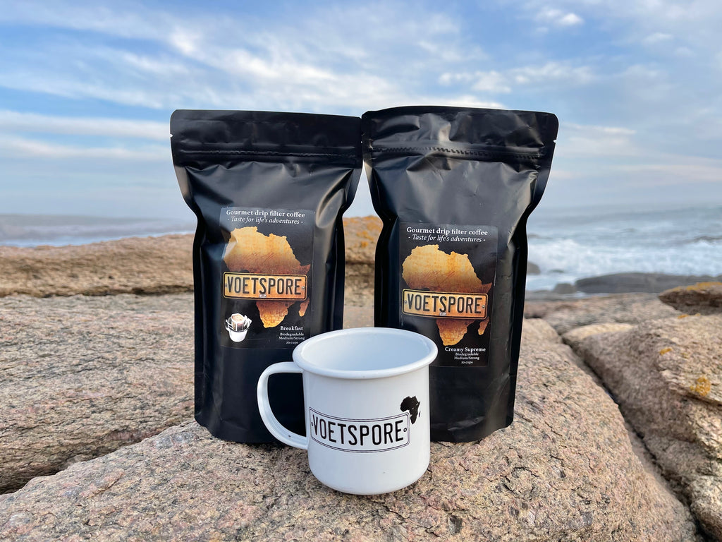 VS Drip Filter Coffee pouch outdoors near the coast