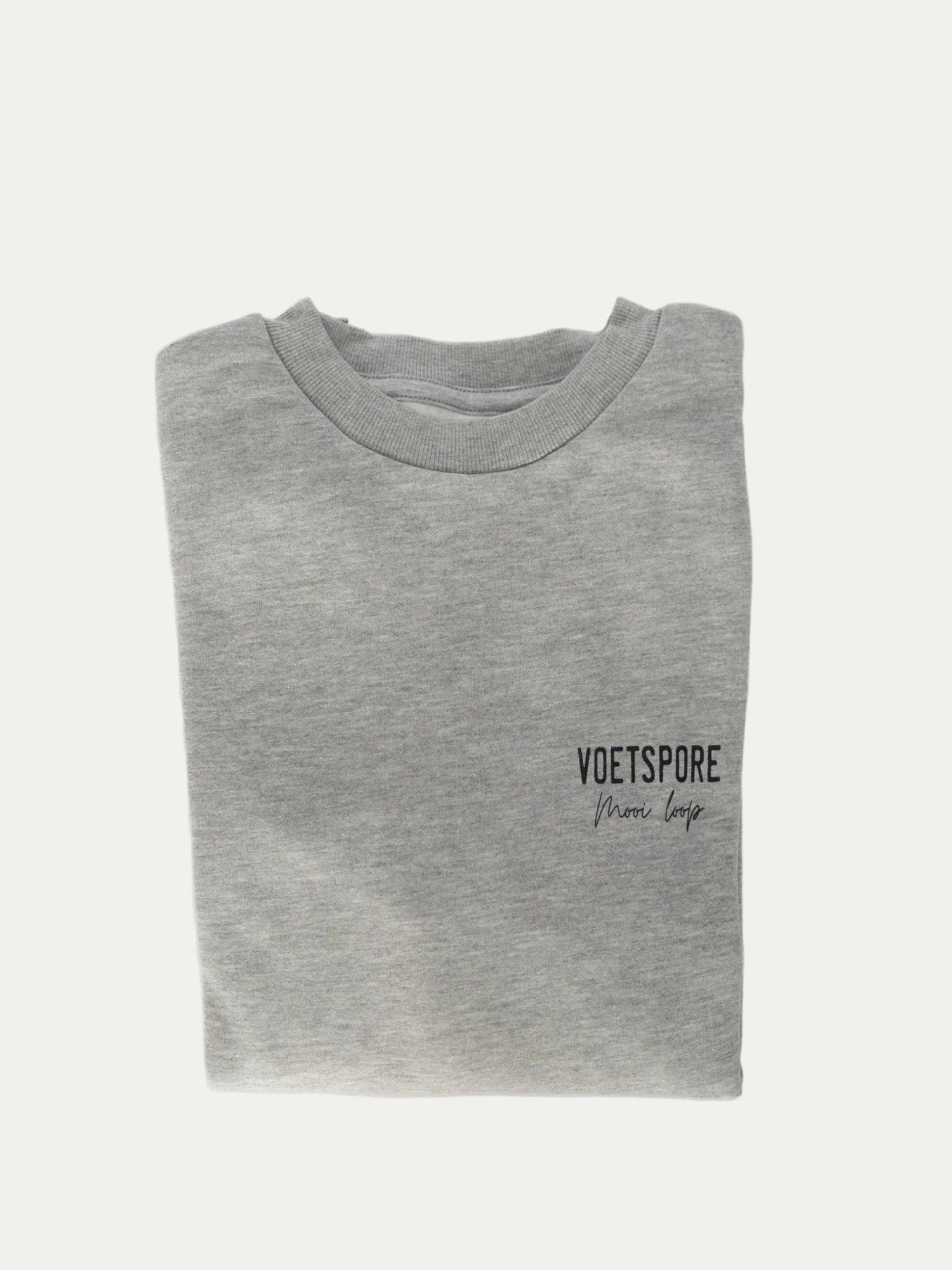 Mooi Loop Grey Crew Neck Sweater front view with Voetspore branding